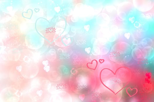 Valentines or mothers day card template. Abstract delicate romantic illustrated light pink gradient blue background texture with bokeh hearts and stars. Beautiful backdrop.
