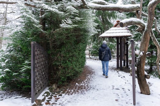 A lonely man walks along a path in a park in winter.