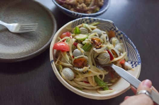 THAI FOOD  , Spicy papaya salad with cockle