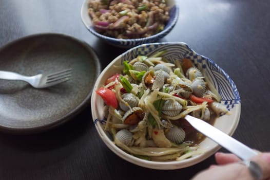 THAI FOOD  , Spicy papaya salad with cockle