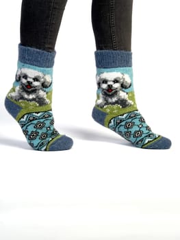 Wool socks worn on women's feet. High quality photo