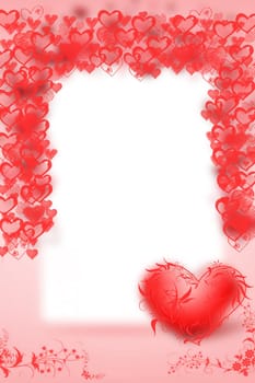 Valentines day card template. Abstract festive blur bright pink red background with a frame and hearts bokeh made for valentine or wedding card. Space for design. Card concept.