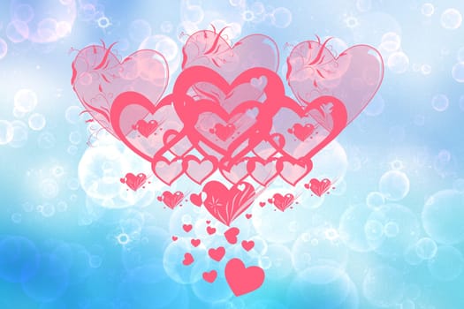 Abstract festive blur bright blue pastel background with red hearts love bokeh and stars for wedding card or Valentines day. Romantic textured backdrop with space for your design. Card concept.