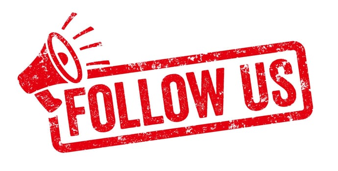 Red stamp with megaphone - Follow us