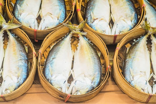 Mackerel Fishes in the Basket market business fishing industry for food.