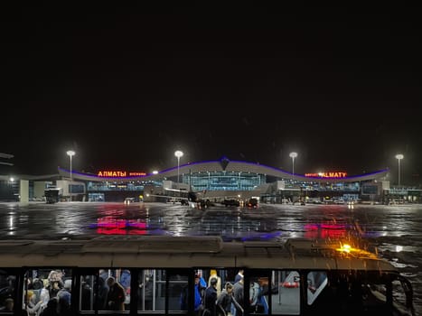 ALMATY, KAZAKHSTAN - NOVEMBER 7, 2019: Night view of Almaty International Airport, Kazakhstan