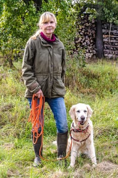 Dog trainer trains with towline a golden retriever on a meadow in autumn.