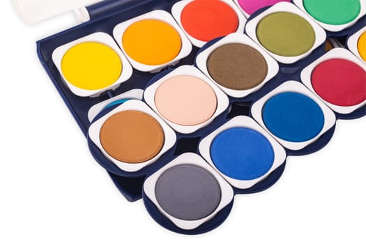 New Paintbox with set of watercolors isolated over white background.