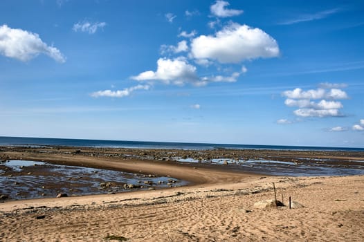 sandy beach on the Onega coast of the white sea, A sandy beach next to a body of water. High quality photo