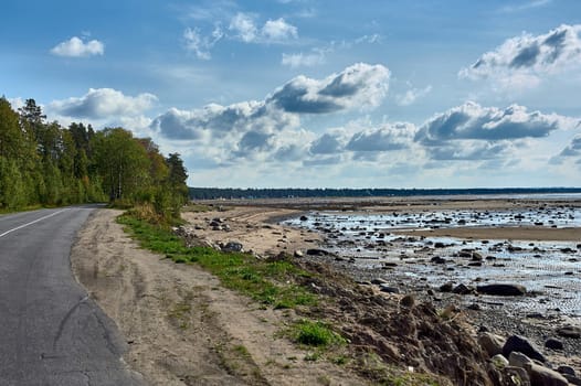 sandy beach on the Onega coast of the white sea. High quality photo