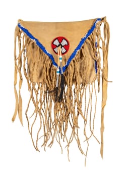 Bag of the North American Indians. Made from deerskin embroidered with colorful glass beads and leather cords isolated on white