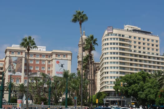 MALAGA, COSTA DEL SOL, SPAIN - AUGUST 29, 2019:.Fountain and Plaza de la Marina, Málaga, Andalusia, Spain, Europe