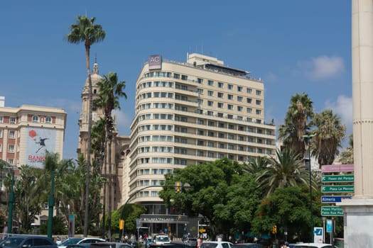 MALAGA, COSTA DEL SOL, SPAIN - AUGUST 29, 2019:.Fountain and Plaza de la Marina, Málaga, Andalusia, Spain, Europe