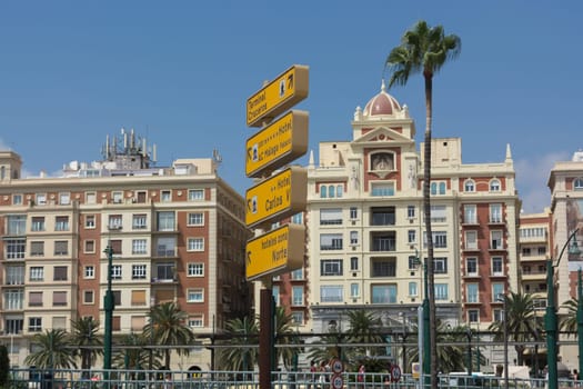 MALAGA, COSTA DEL SOL, SPAIN - AUGUST 29, 2019:.Fountain and Plaza de la Marina, Málaga, Andalusia, Spain, Europe