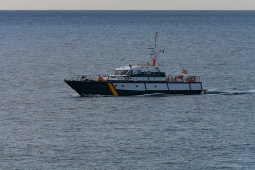 CRAN CANARIA, MELONERAS - NOVEMBER 14, 2019:.Spanish Guardia Civil patrol boat patrols off the coast of Cran Canaria, Meloneras, Spain. coastguard.