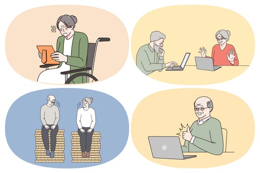 Emotions and lifestyle of grandparents concept. Set of mature people grandparents looking at photo feeling unhappy learning online chat and laptop having trouble in communication vector illustration