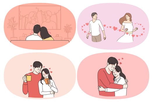 Happiness and weekend of couple concept. Set of young happy couples watching movie together dating drinking coffee hugging feeling in love vector illustration