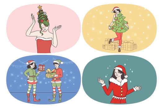 Celebration Christmas and New year concept. Set of young happy people wearing festive New Year costumes giving carrying presents preparing for holidays vector illustration