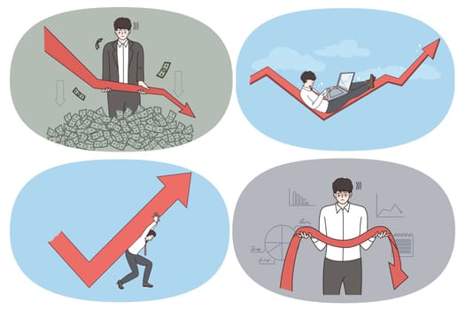 Business development and crisis concept. Set of businessmen losing money with decreasing business lying and enjoying development trying hard to save business feeling frustrated vector illustration