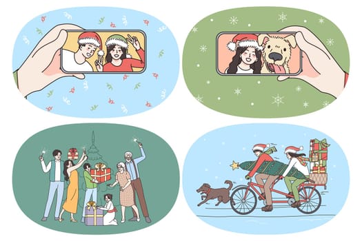 Online Christmas and New year concept. Set of young happy people celebrating New Year online carrying presents holding boxes and decorated traditional tree for holidays vector illustration