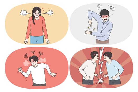 Anger rage and furious emotions concept. Set of men and women feeling furious and aggressive pointing at watch showing fists and having scandal with friend vector illustration