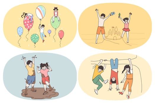 Happiness and leisure games in childhood concept. Set of happy kids children playing with balloons building sandy castles playing with dirt and hanging having fun vector illustration