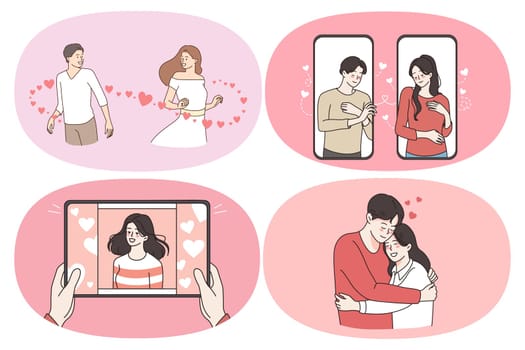 Love romance and dating concept. Set of young happy couples feeling in love dating online hugging during meeting and chatting in internet vector illustration
