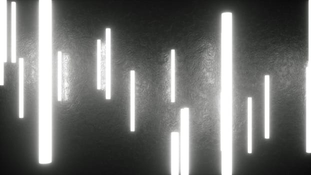 Electric columns hanging in 3d render of embossed space. Digital abstraction with linear leds scattered across surface. Laser glow in futuristic room with reflections.
