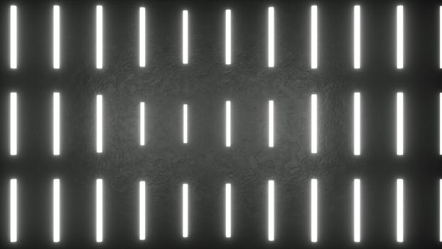Electric columns hanging in 3d render of embossed space. Digital abstraction with linear leds scattered across surface. Laser glow in futuristic room with reflections.
