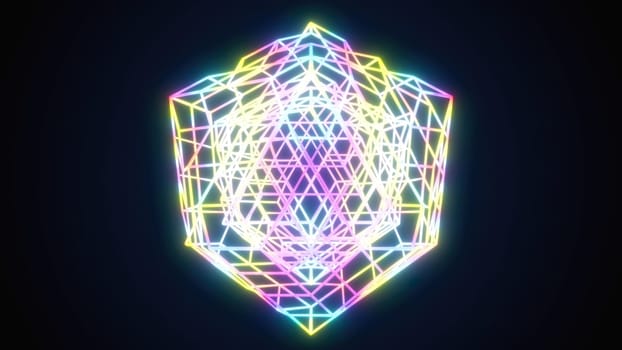 Holographic polygon 3d render with bright gradient. Abstract cyber fractal with braided lines. Complex block in futuristic ornament. Element of online decor in presentation with creative lighting.,Holographic polygon 3d render with bright gradient. Abstract cyber fractal with braided lines. Complex block in futuristic ornament. Element of online decor in presentation with creative lighting.