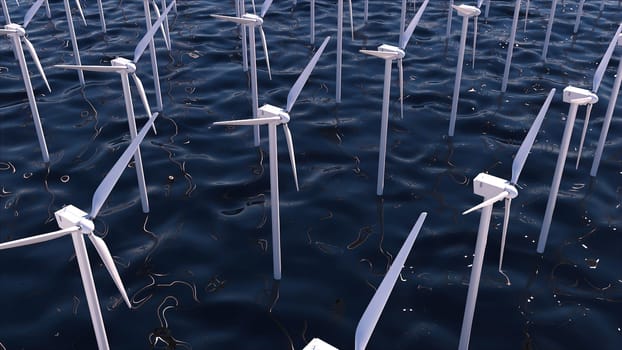 Turbine mills generate 3d render of clean electrical energy for industry and consumers. Seascape with realistic eco friendly propeller manufacturing windfarm devices.