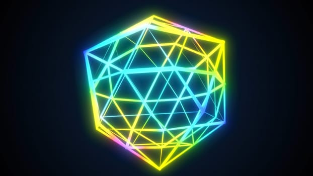 Holographic polygon 3d render with bright gradient. Abstract cyber fractal with braided lines. Complex block in futuristic ornament. Element of online decor in presentation with creative lighting.