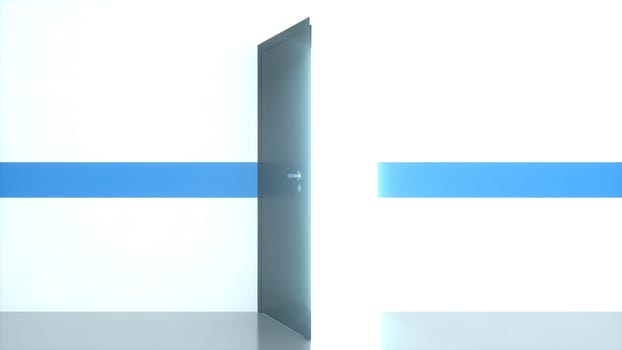 Empty corridor with open 3d render exit. Concept of adjusting life situation and career luck. Abstract bright dream come true and entrance to virtual reality. New breaking opportunities in destiny.