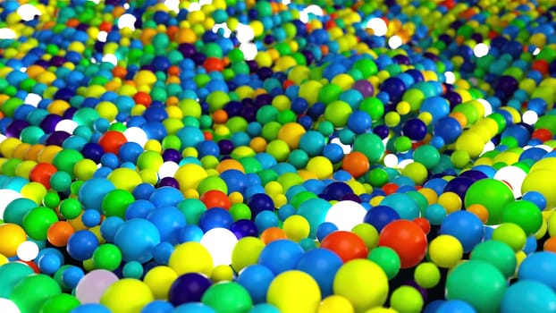 Colorful 3d render bubbles of various sizes fall and rush along surface. Multicolored balls in geometric layering of digital fun interior. Realistic childrens decor with plastic and glass.