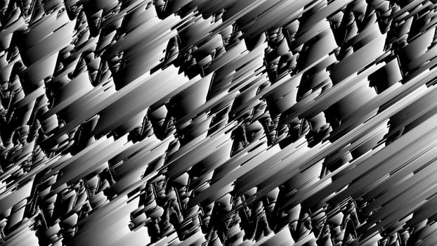 Distorted lines 3d render of geometric stripes with layering effect. Monochrome digital futurism with generated blur and decorative cyber design. Minimalistic interior grunge web.