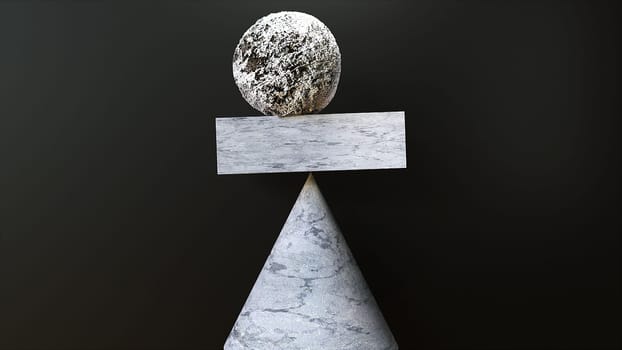 Volumetric 3d render of sandstone ball lies on rectangular bar and is supported on tip of pyramidal cone. Minimalistic design of inner harmony and stability in stressful situations.