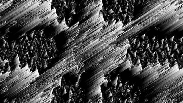 Distorted lines 3d render of geometric stripes with layering effect. Monochrome digital futurism with generated blur and decorative cyber design. Minimalistic interior grunge web.