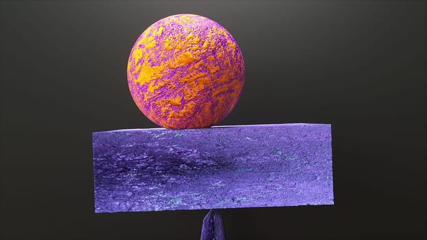Volumetric 3d render of sandstone ball lies on rectangular bar and is supported on tip of pyramidal cone. Minimalistic design of inner harmony and stability in stressful situations.