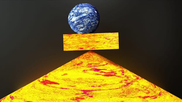 Volumetric 3d render of sandstone ball lies on rectangular bar and is supported on tip of pyramidal cone. Minimalistic design of inner harmony and stability in stressful situations.