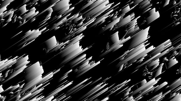 Distorted lines 3d render of geometric stripes with layering effect. Monochrome digital futurism with generated blur and decorative cyber design. Minimalistic interior grunge web.