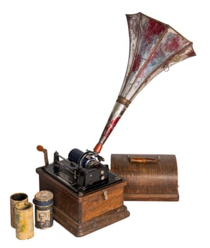 High angle cut out of 1911 Edison Fireside old phonograph with three cylinder records, including clipping path, isolated on white