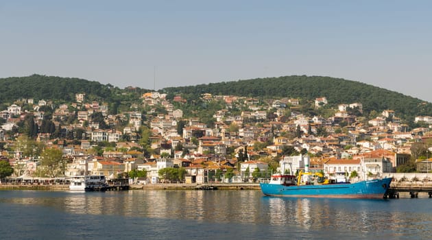 View of Heybeliada island from the sea with summer houses. the island is the second largest one of four islands named Princes' Islands in the Sea of Marmara, near Istanbul, Turkey