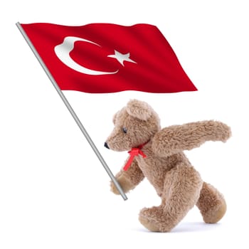 A Turkey flag being carried by a cute teddy bear