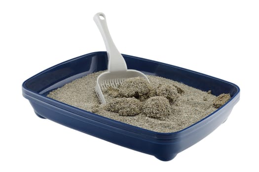 A blue cat litter tray with clumping litter and scoop