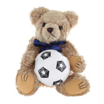 A cute teddy bear holding a football soccer ball