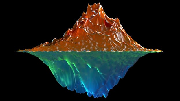 Geometric gradient waves in 3d render square textures with colorful tints. Creative cyber design with color mixing and dynamic transitions. Graphic fluid rolls over futuristic flask.