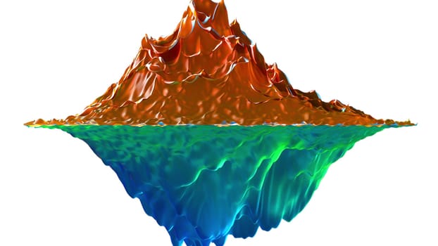 Geometric gradient waves in 3d render square textures with colorful tints. Creative cyber design with color mixing and dynamic transitions. Graphic fluid rolls over futuristic flask.