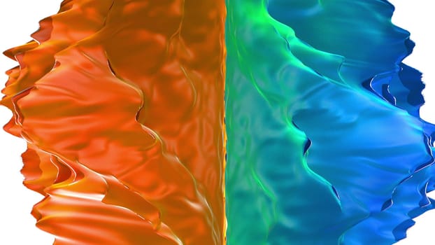Geometric gradient waves in 3d render square textures with colorful tints. Creative cyber design with color mixing and dynamic transitions. Graphic fluid rolls over futuristic flask.