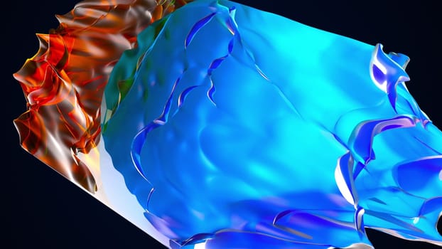 Geometric gradient waves in 3d render square textures with colorful tints. Creative cyber design with color mixing and dynamic transitions. Graphic fluid rolls over futuristic flask.