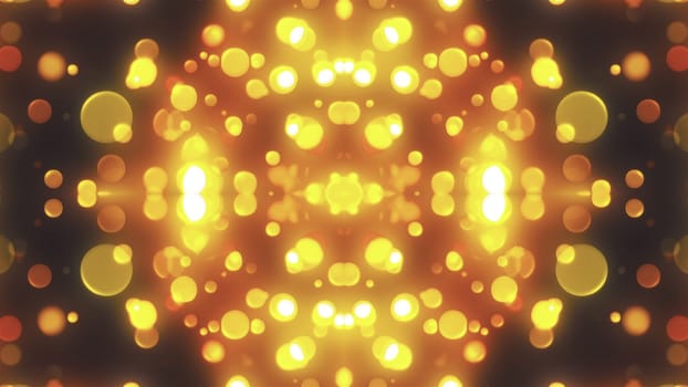 Round dust with colorful 3d render flickering moves and hovers in fabulous space. Festive luxury interior with rich bright decor. Geometric glowing balls scattering to sides.